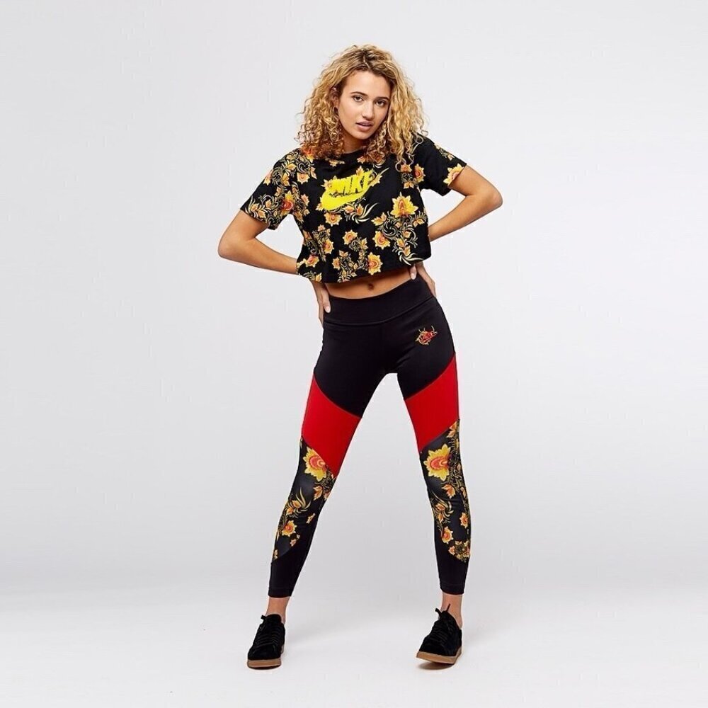 Nike Womens Leggings Sz Large Black Red Russian Khohlama Flower Embroidered